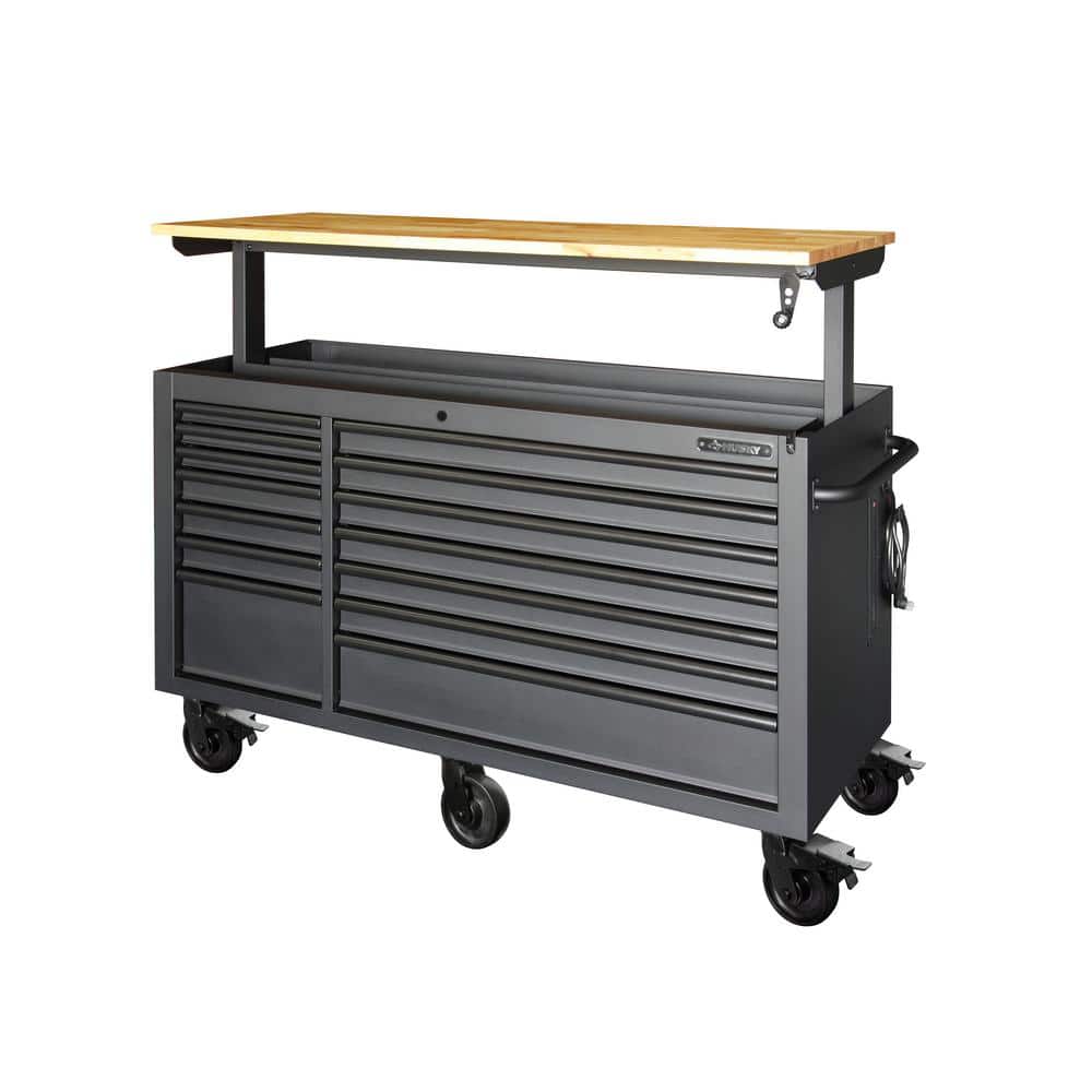 62 in. W x 24 in. D Heavy Duty 14 Drawer Mobile Workbench Cabinet with Adjustable Height Wood Top in. Matte Black