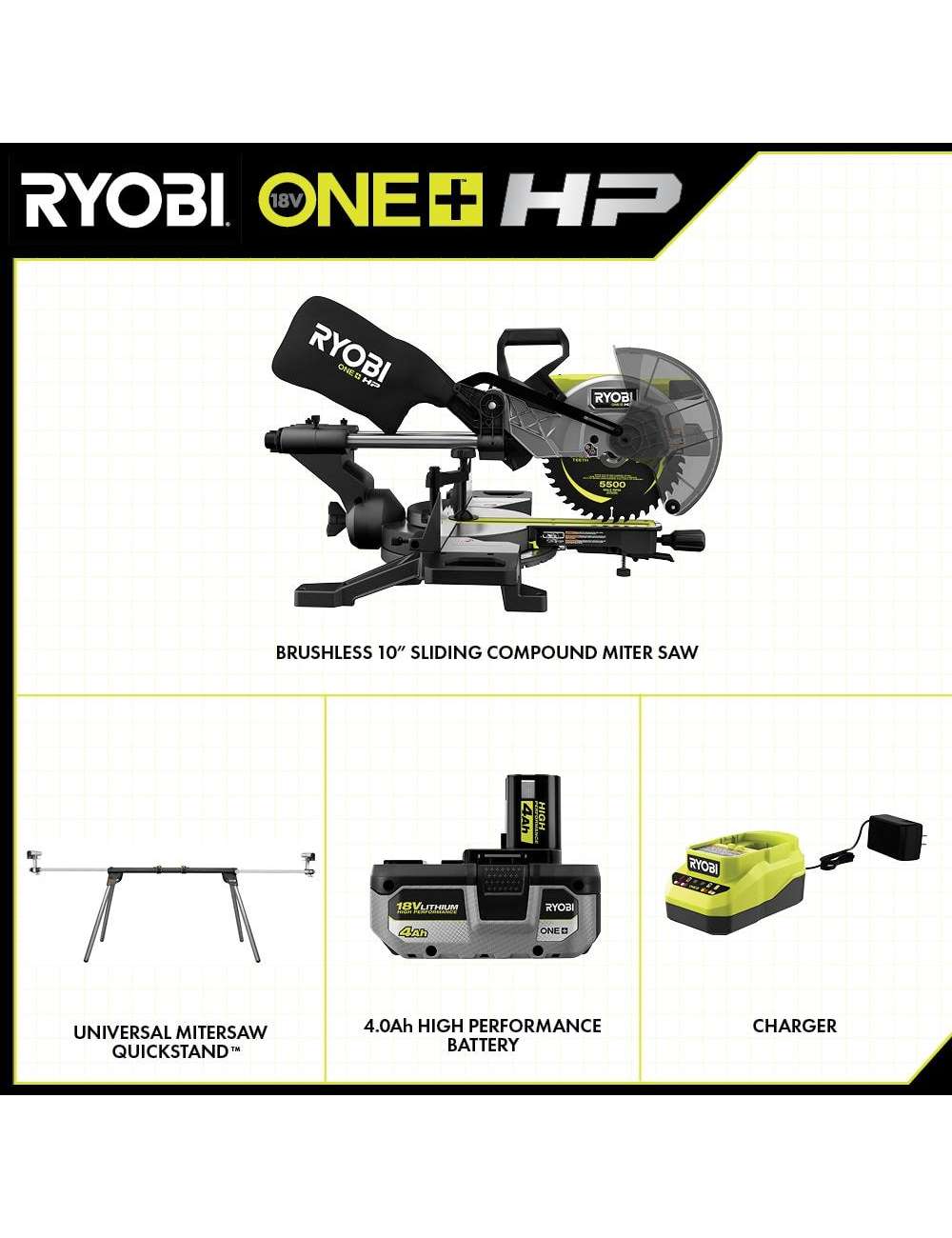 ONE+ HP 18V Brushless Cordless 10 in. Sliding Compound Miter Saw Kit with 4.0 Ah Battery, Charger, and Miter Saw Stand