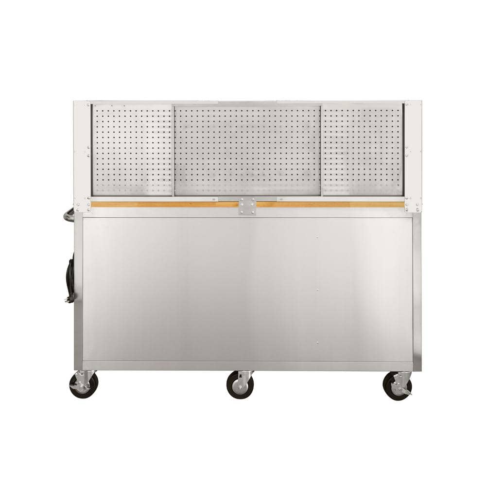 62 in. W x 24 in. D Standard Duty 14 Drawer Mobile Workbench Tool Chest with Solid Top and Pegboard in. Stainless Steel