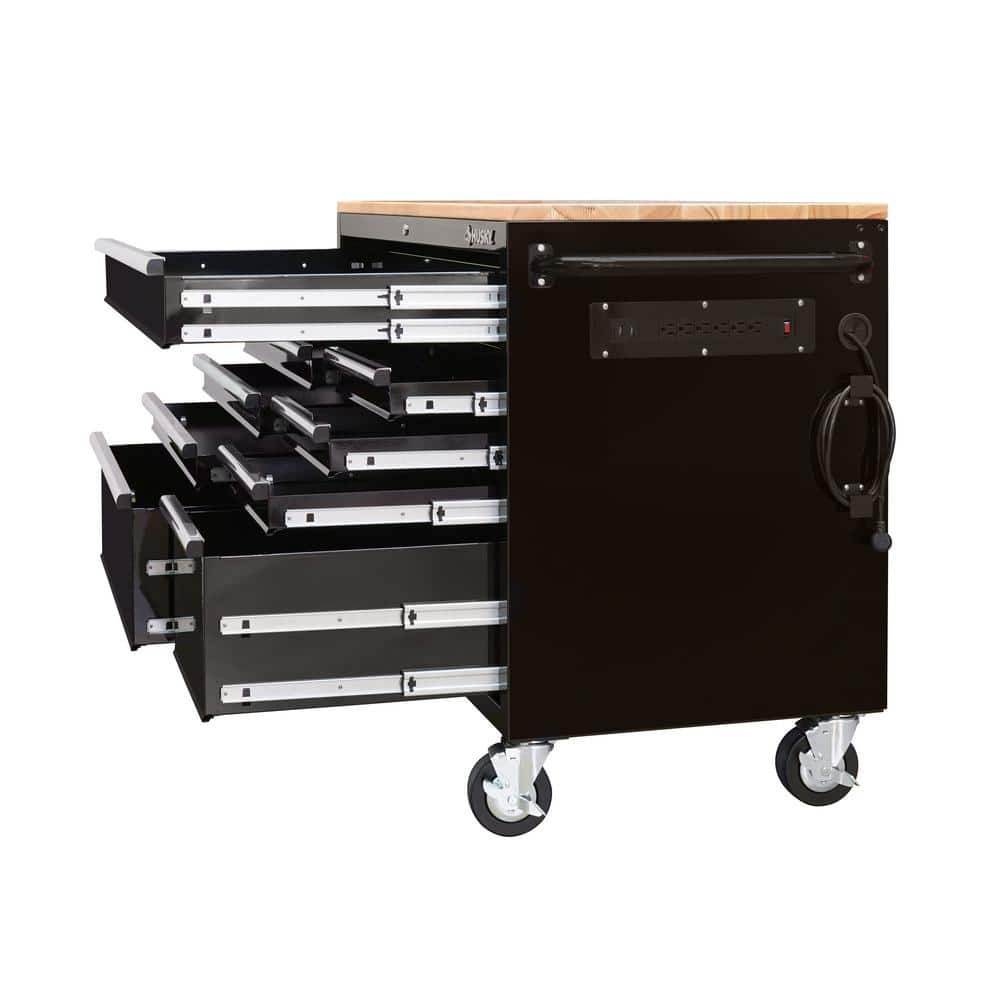 52 in. W x 24 5 in. D 9 Drawer Standard Duty Mobile Workbench Tool Chest with Solid Work Top and Pegboard in. Gloss Black