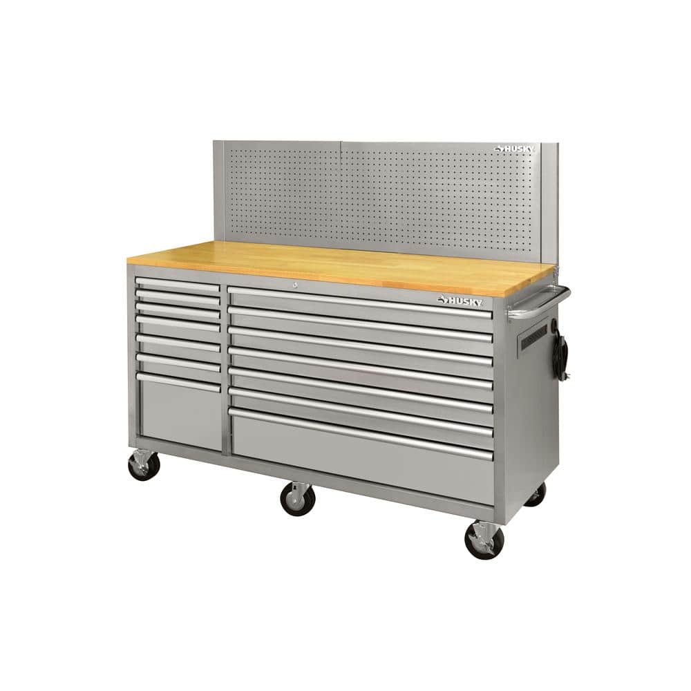 62 in. W x 24 in. D Standard Duty 14 Drawer Mobile Workbench Tool Chest with Solid Top and Pegboard in. Stainless Steel