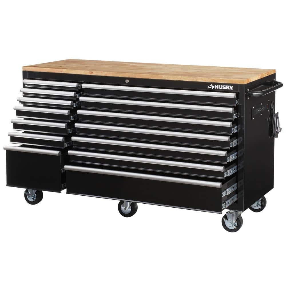 62 in. W x 24 in. D Standard Duty 14 Drawer Mobile Workbench Tool Chest with Solid Wood Top and Pegboard in. Gloss Black