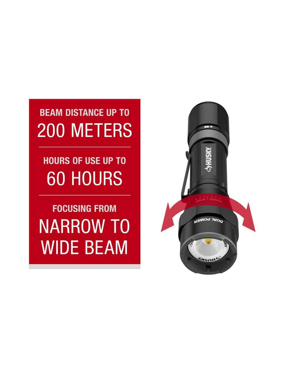 1200 Lumens Dual Power LED Rechargeable Focusing Flashlight with Rechargeable Battery and USB-C Cable Included