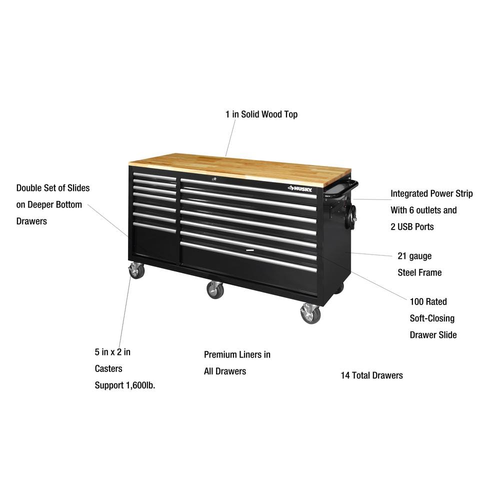 62 in. W x 24 in. D Standard Duty 14 Drawer Mobile Workbench Tool Chest with Solid Wood Top and Pegboard in. Gloss Black
