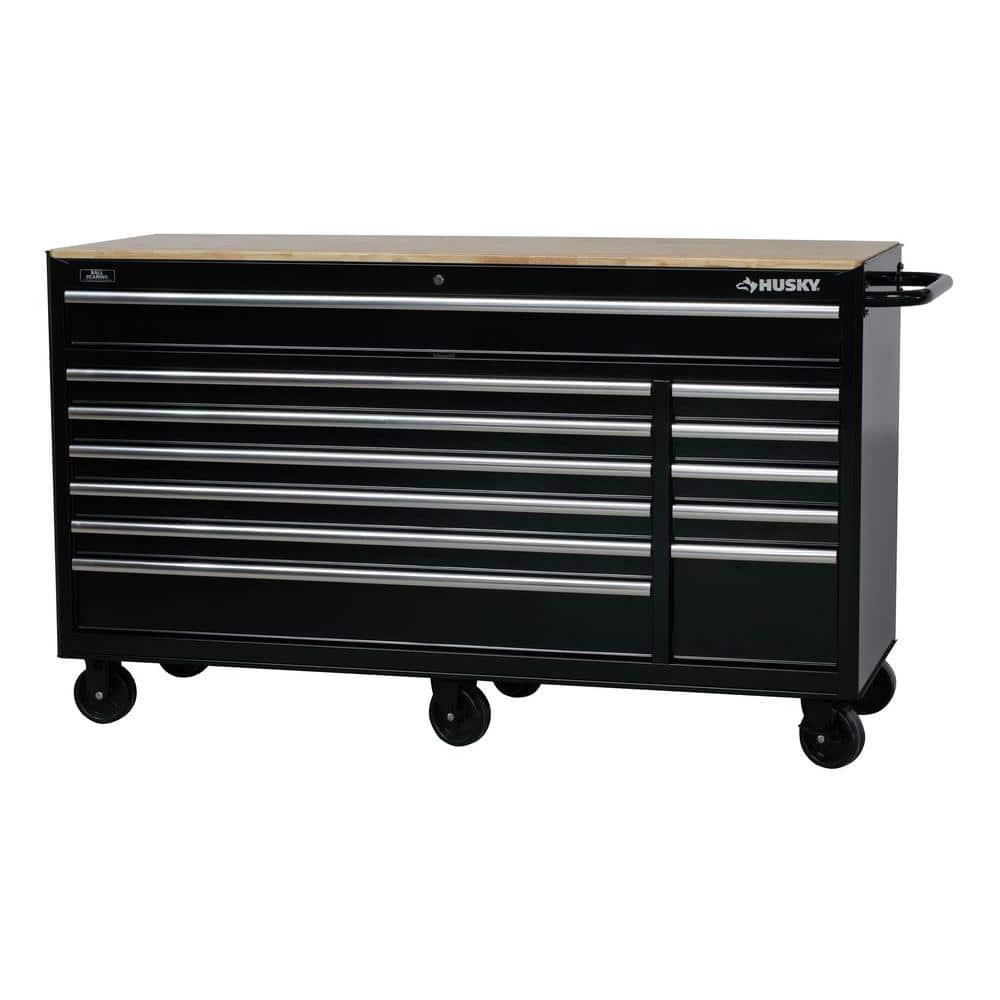 66 in. W x 24 in. D Standard Duty 12 Drawer Mobile Workbench Tool Chest with Solid Wood Top in. Gloss Black