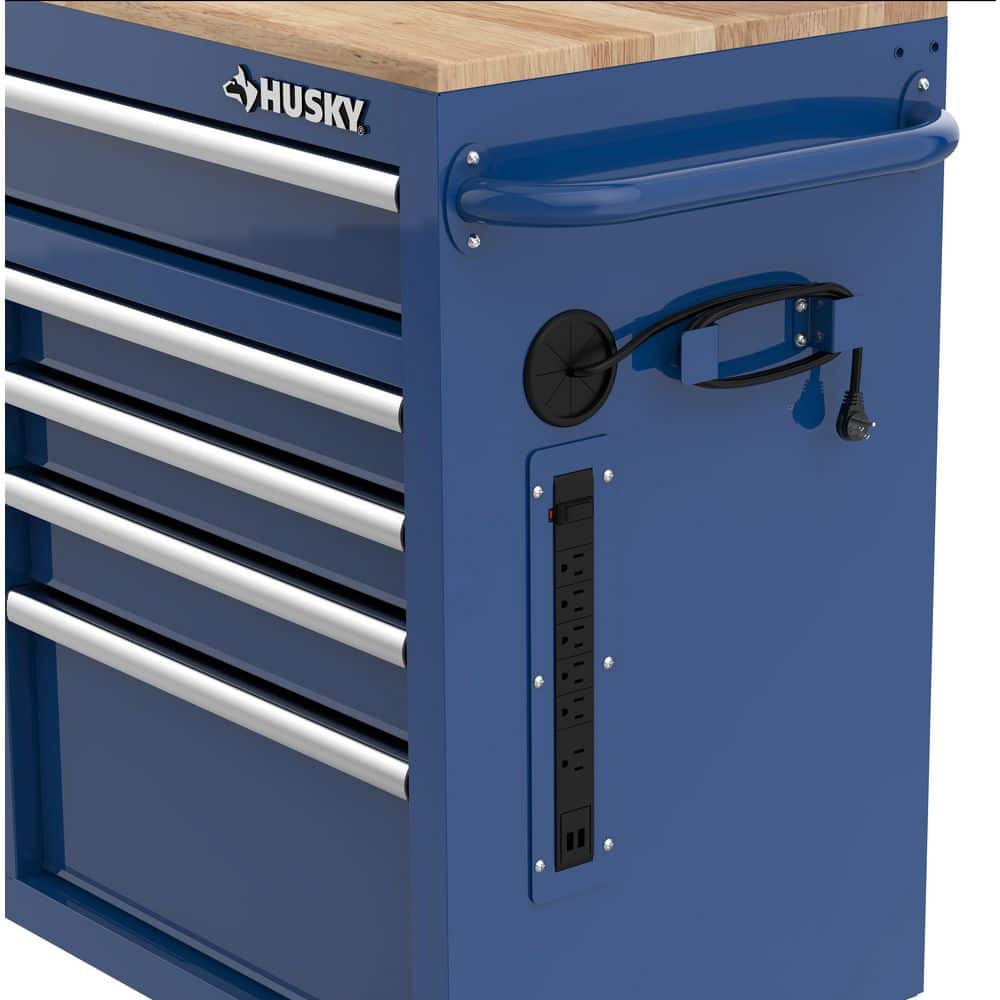 46 in. W x 18 in. D 9 Drawer Gloss Blue Mobile Workbench Cabinet with Solid Wood Top