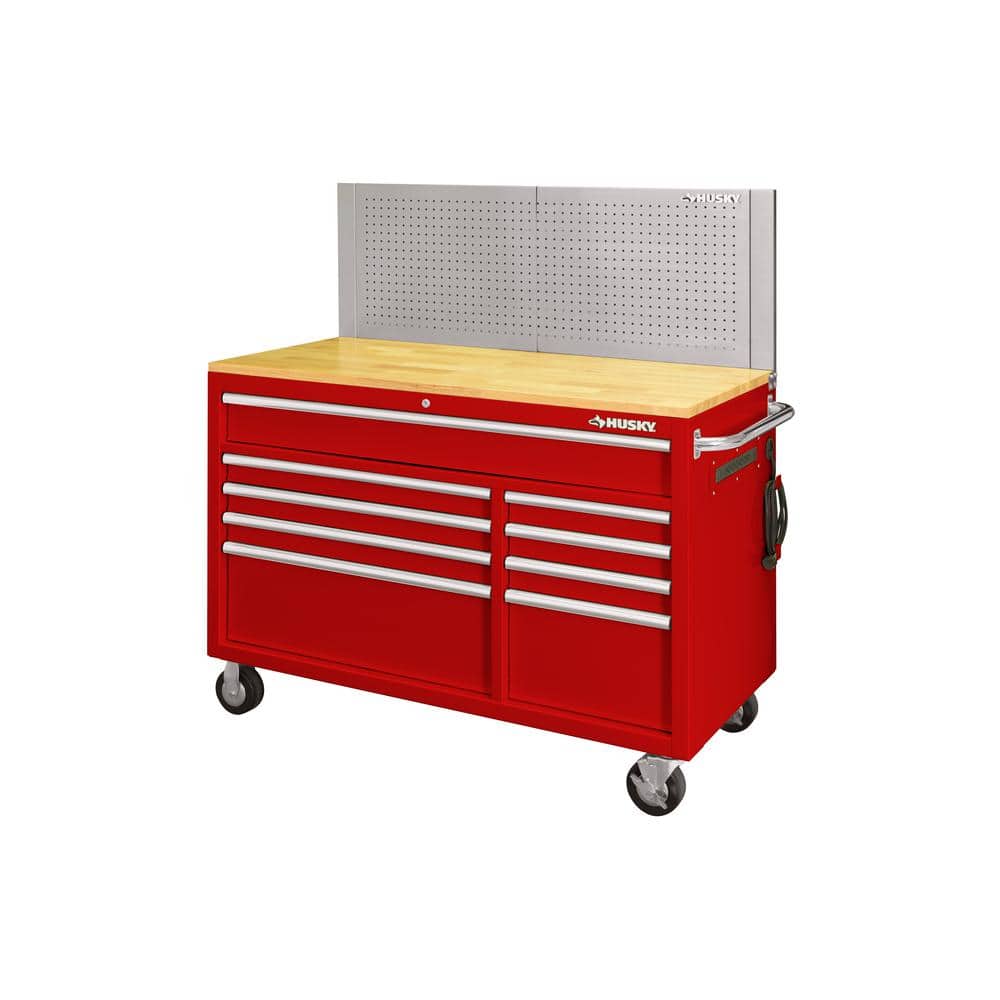 52 in. W x 24 5 in. D 9 Drawer Standard Duty Mobile Workbench Tool Chest with Solid Work Top and Pegboard in. Gloss Red