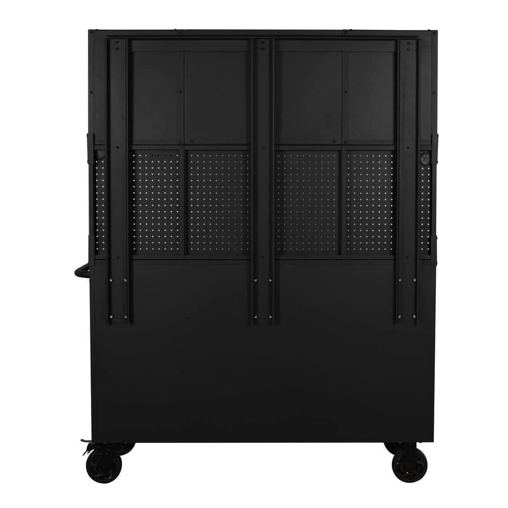 56 in. W x 27 6 in. D 10 Drawer Matte Black Heavy Duty Mobile Workbench with Pegboard and Top Cabinets