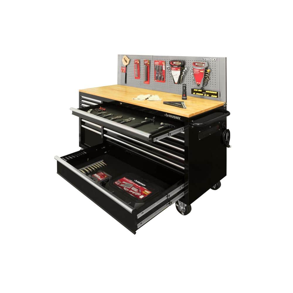 62 in. W x 24 in. D Standard Duty 14 Drawer Mobile Workbench Tool Chest with Solid Wood Top and Pegboard in. Gloss Black