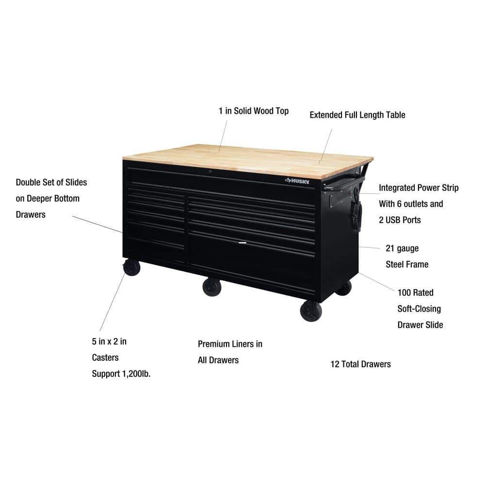 62 in. W x 36 in. D Standard Duty 12 Drawer Mobile Workbench Tool Chest with Full Length Extension Table in. All Black