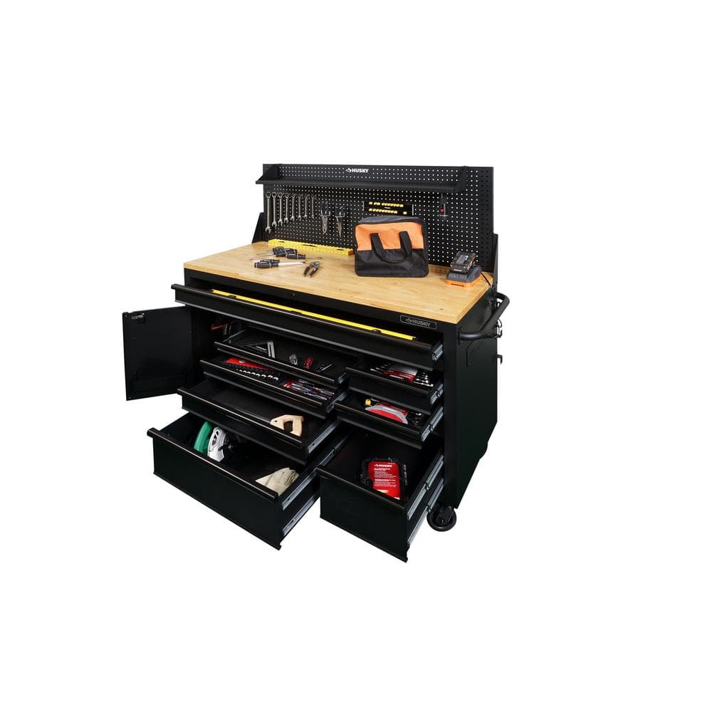 61 in. W x 26 in. D Heavy Duty 10 Drawer 1 Door Mobile Workbench with Hardwood Top Pegboard and Shelf in. Matte Black