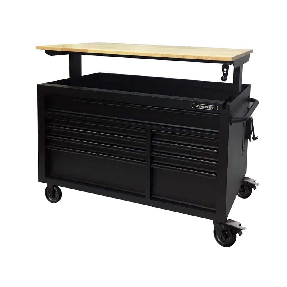 52 in. W x 25 in. D Heavy Duty 9 Drawer Mobile Workbench Cabinet with Adjustable Height Hardwood Top in. Matte Black