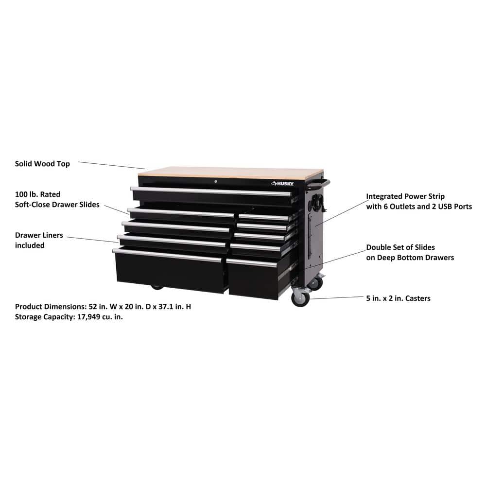 Modular 52 in. W 10 Drawer Black Mobile Workbench Cabinet with Solid Wood Top