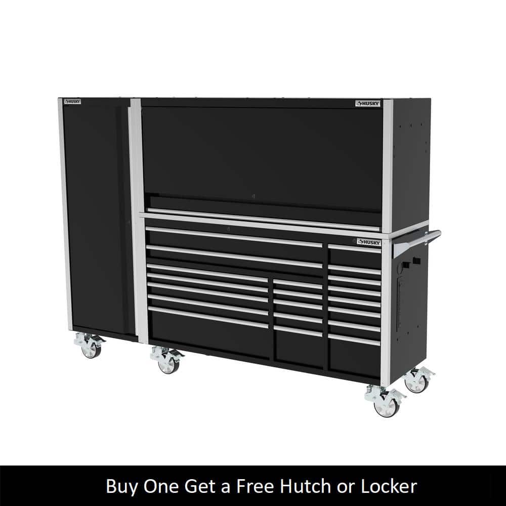 72 in. W x 24 5 in. D Professional Duty 20 Drawer Mobile Workbench Combo w Side Locker and Top Hutch in. Gloss Black