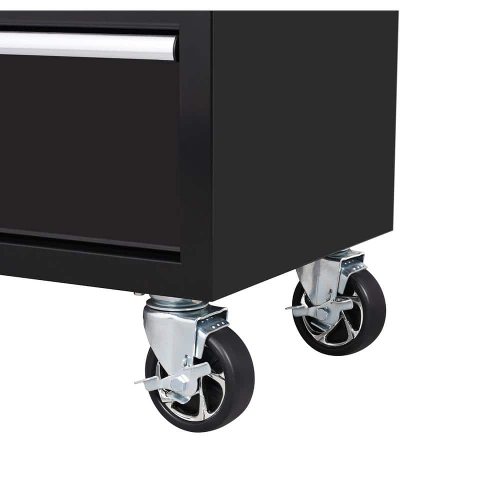 62 in. W x 20 in. D 12 Drawer Gloss Black Mobile Workbench Cabinet with Solid Wood Top and Power Drawer