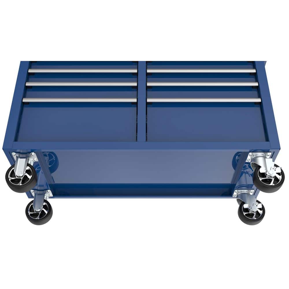 46 in. W x 18 in. D 9 Drawer Gloss Blue Mobile Workbench Cabinet with Solid Wood Top