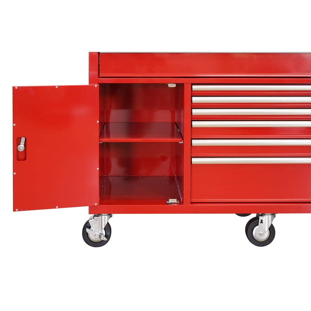 61 in. W x 22 1 in. D Standard Duty 7 Drawer 1 Door Mobile Workbench Tool Chest with Solid Wood Top in. Gloss Red