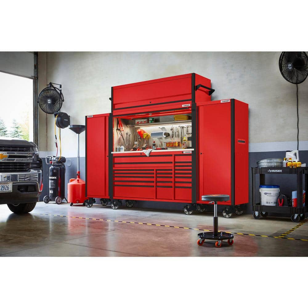 72 in. W x 24 5 in. D Professional Duty 20 Drawer Mobile Workbench Combo w 2 Side Lockers 2 Top Lockers and Top Hutch