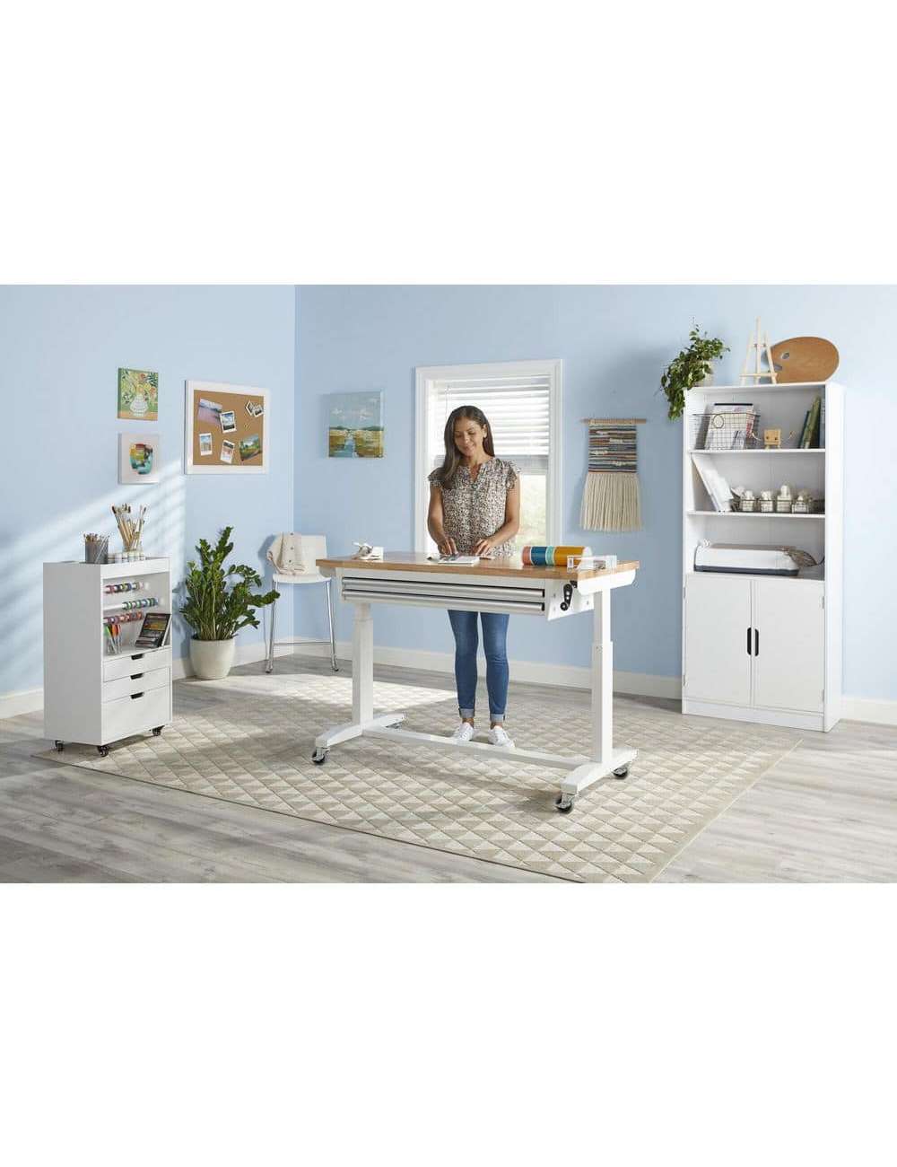 52 in. W x 24 in. D Steel 2-Drawer Adjustable Height Solid Wood Top Workbench Table in White