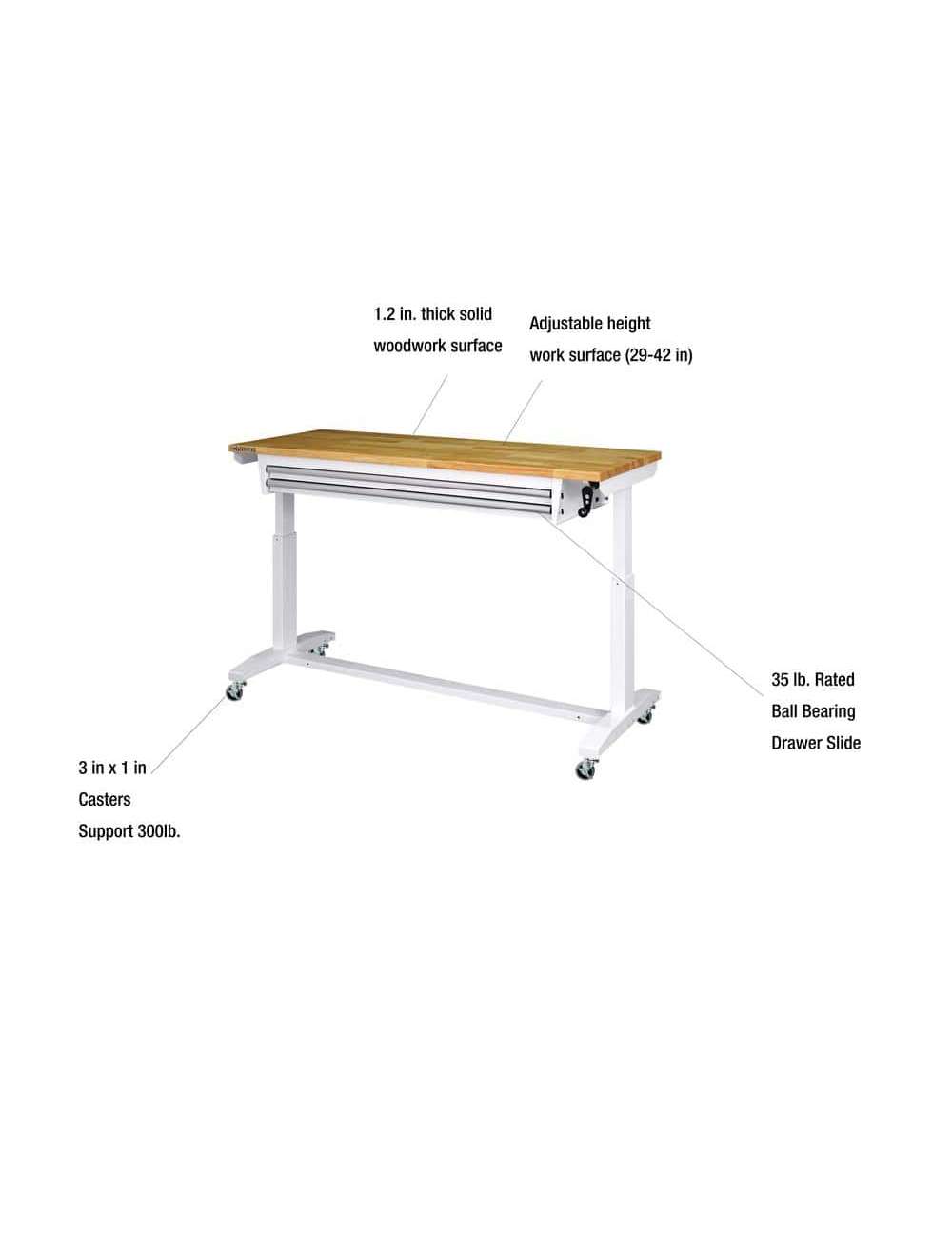 52 in. W x 24 in. D Steel 2-Drawer Adjustable Height Solid Wood Top Workbench Table in White
