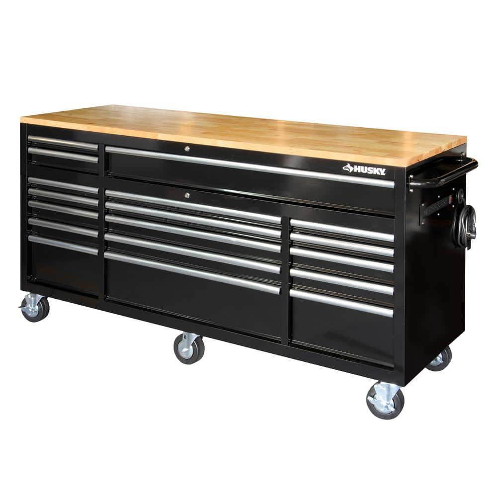 72 in. W x 24 in. D Standard Duty 18 Drawer Mobile Workbench Tool Chest with Solid Wood Top in. Gloss Black