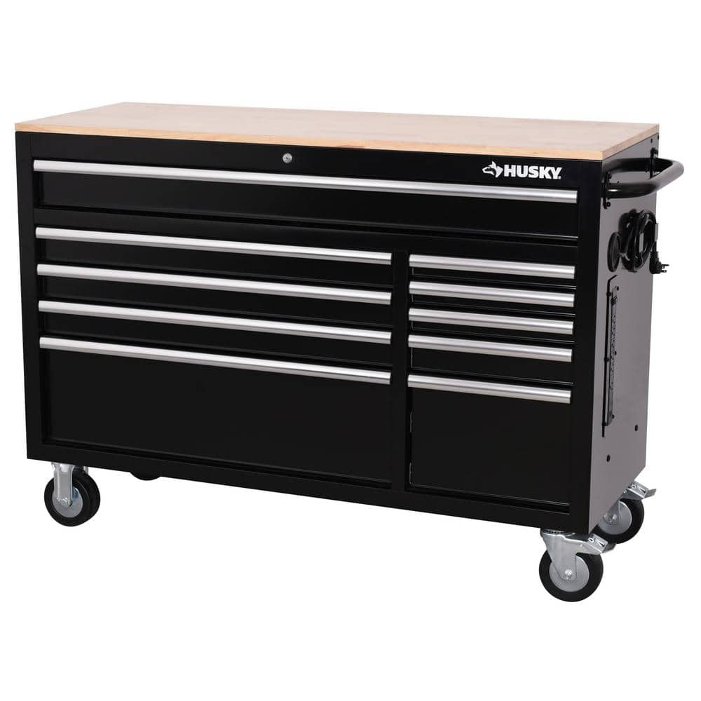 Modular 52 in. W 10 Drawer Black Mobile Workbench Cabinet with Solid Wood Top