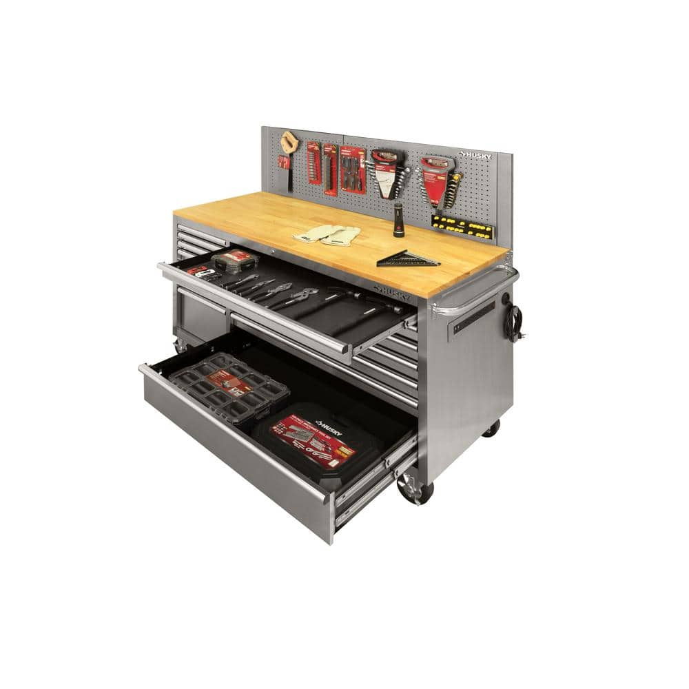 62 in. W x 24 in. D Standard Duty 14 Drawer Mobile Workbench Tool Chest with Solid Top and Pegboard in. Stainless Steel