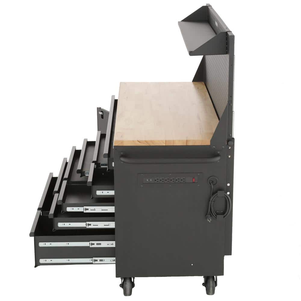 61 in. W x 26 in. D Heavy Duty 10 Drawer 1 Door Mobile Workbench with Hardwood Top Pegboard and Shelf in. Matte Black