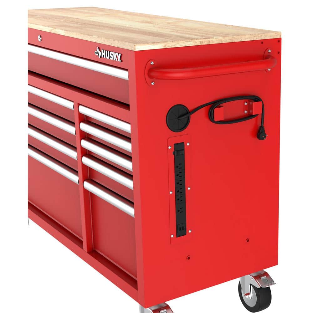 Modular 52 in. W 10 Drawer Red Mobile Workbench Cabinet with Pegboard