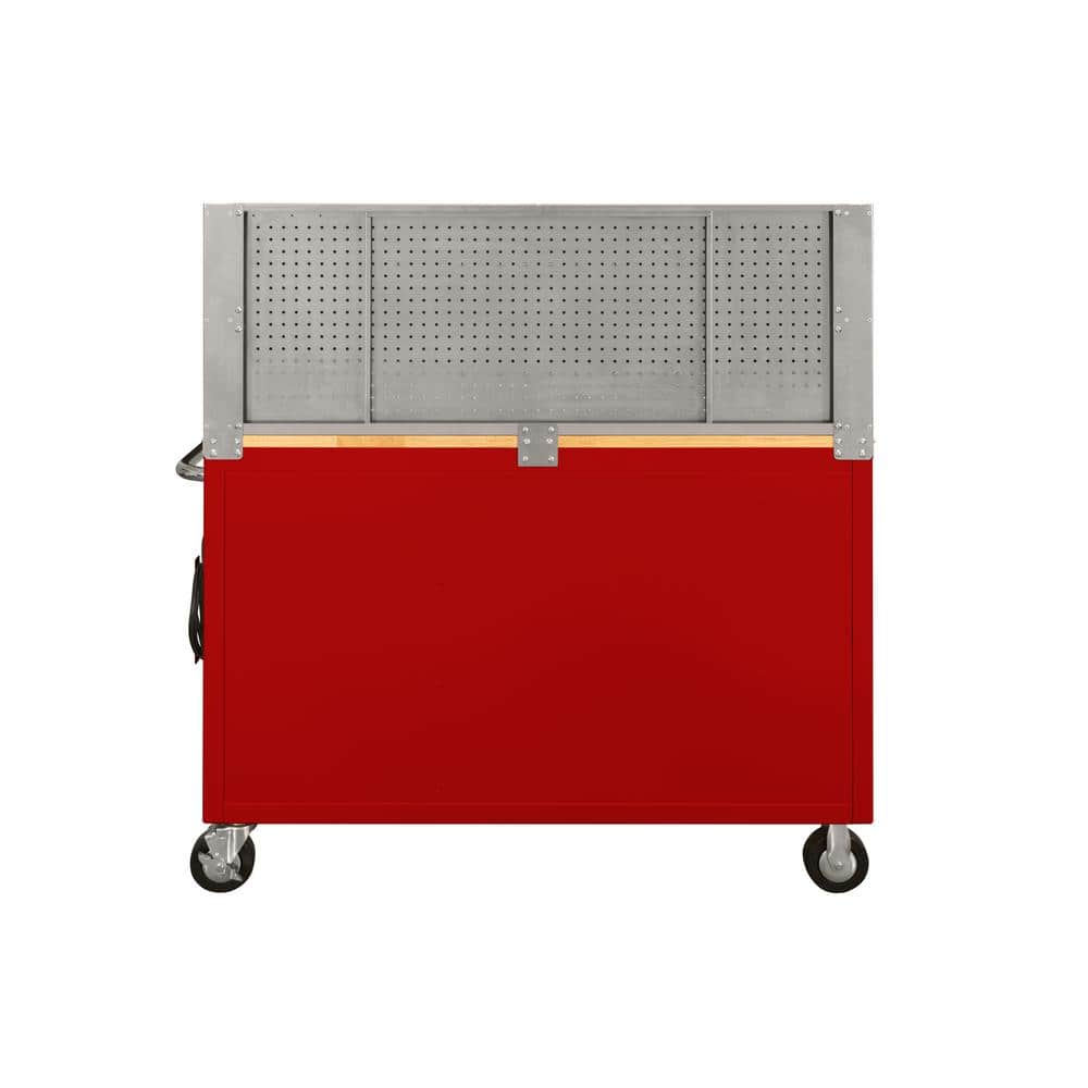 52 in. W x 24 5 in. D 9 Drawer Standard Duty Mobile Workbench Tool Chest with Solid Work Top and Pegboard in. Gloss Red