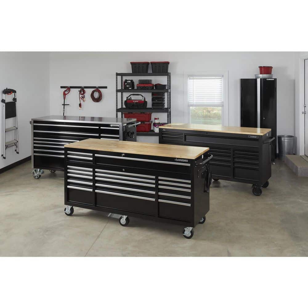 72 in. W x 24 in. D Standard Duty 18 Drawer Mobile Workbench Tool Chest with Solid Wood Top in. Gloss Black