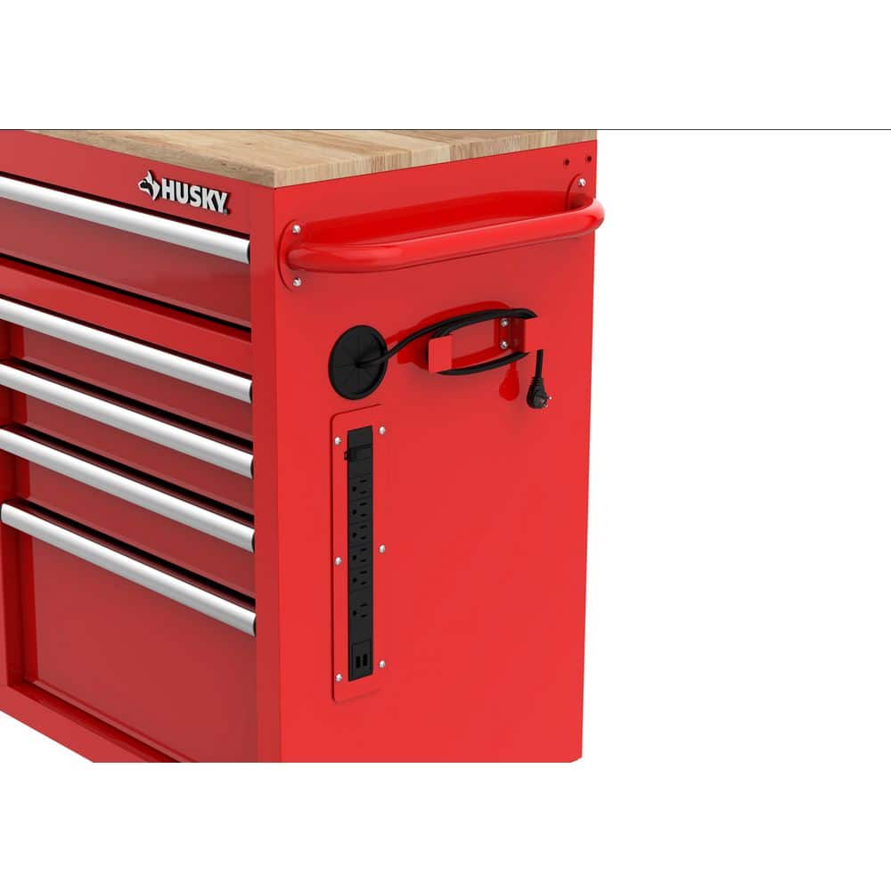 46 in. W x 18 in. D 9 Drawer Gloss Red Mobile Workbench Cabinet with Solid Wood Top