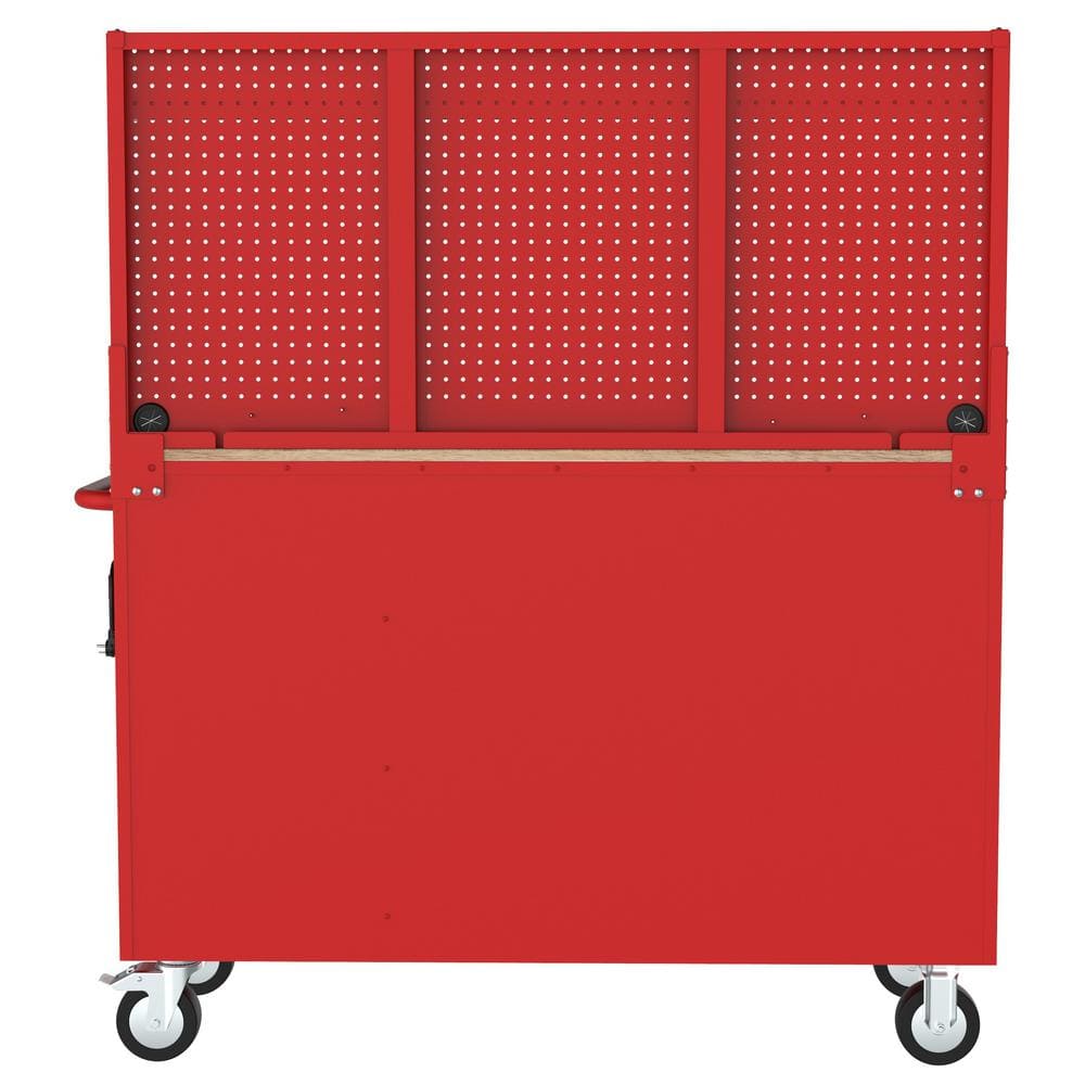 Modular 52 in. W 10 Drawer Red Mobile Workbench Cabinet with Pegboard