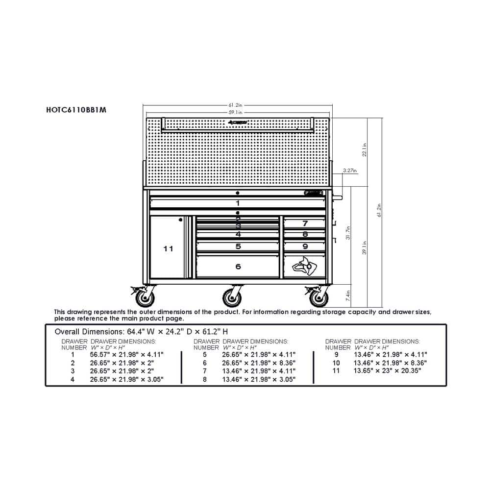 61 in. W x 26 in. D Heavy Duty 10 Drawer 1 Door Mobile Workbench with Hardwood Top Pegboard and Shelf in. Matte Black