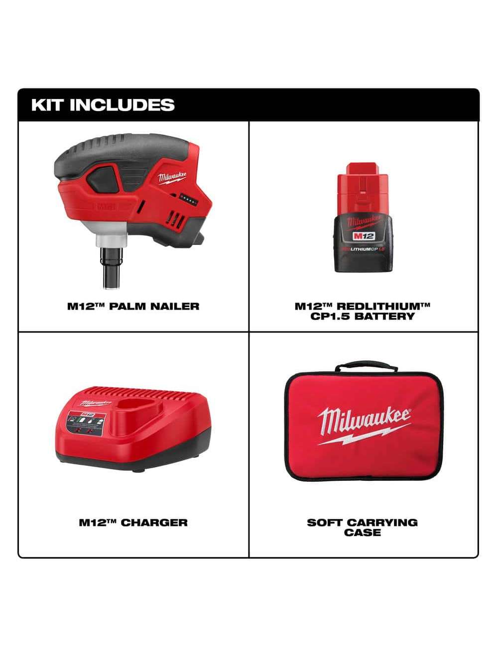 M12 12-Volt Lithium-Ion Cordless Palm Nailer Kit with One 1.5Ah Battery, Charger and Tool Bag
