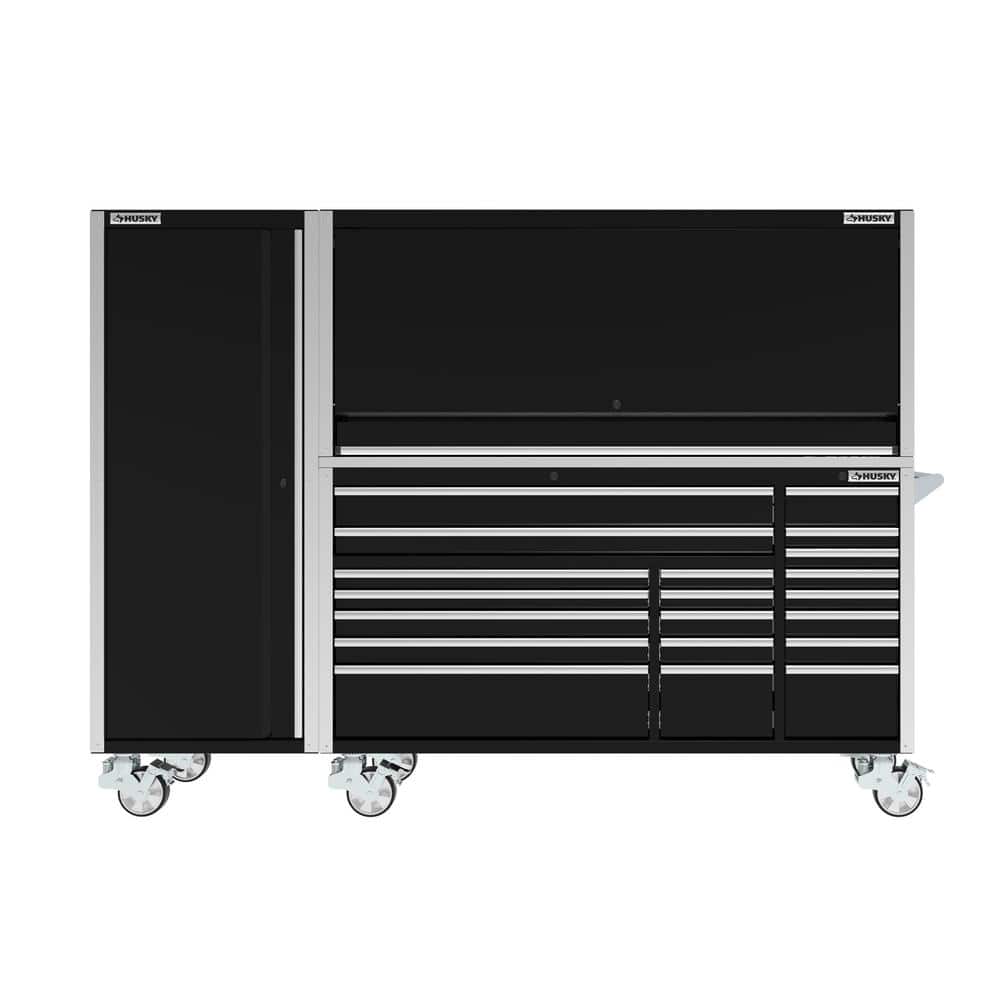 72 in. W x 24 5 in. D Professional Duty 20 Drawer Mobile Workbench Combo w Side Locker and Top Hutch in. Gloss Black