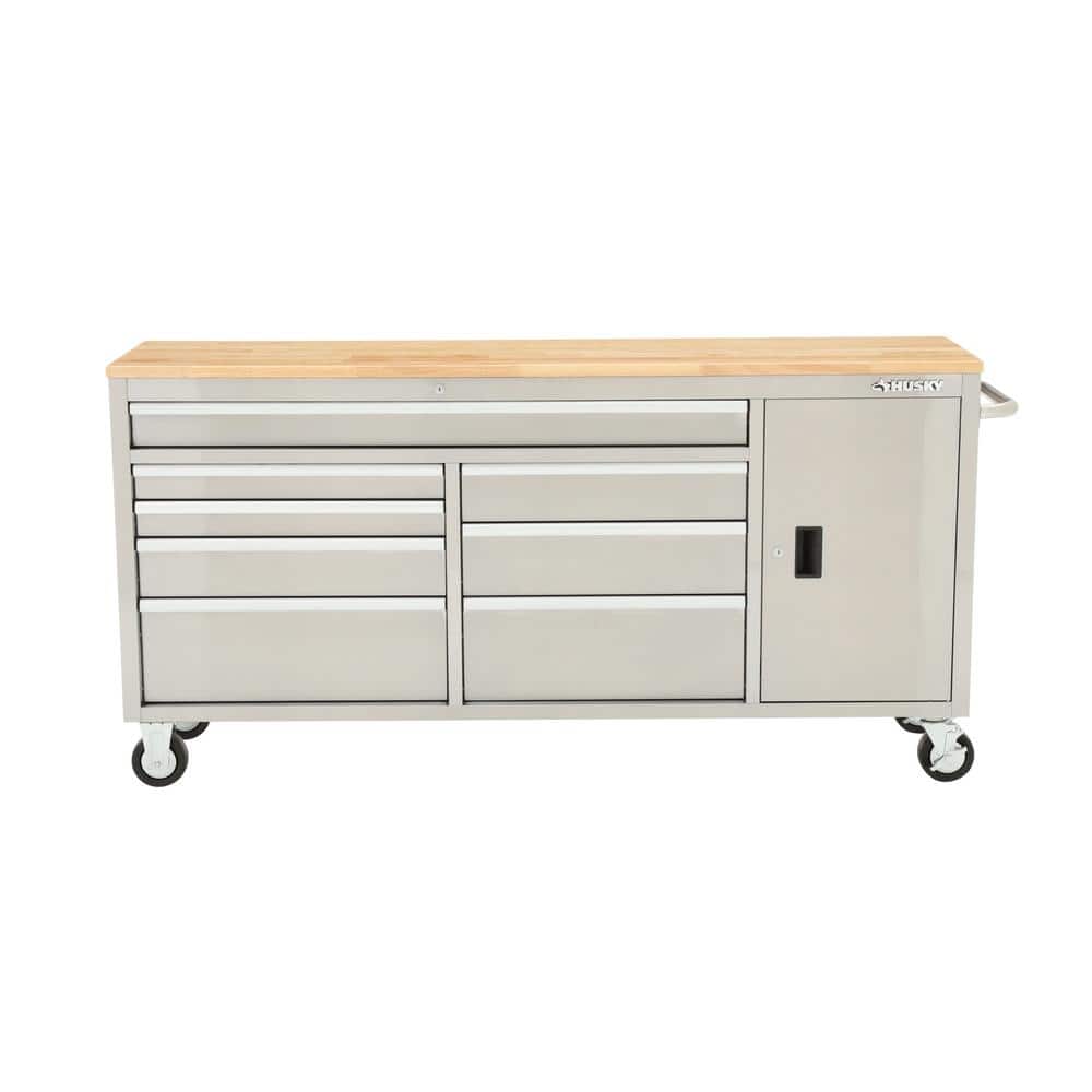 72 in. W x 18 in. D Heavy Duty 8 Drawer 1 Door Mobile Workbench Tool Chest with Solid Wood Top in. Stainless Steel