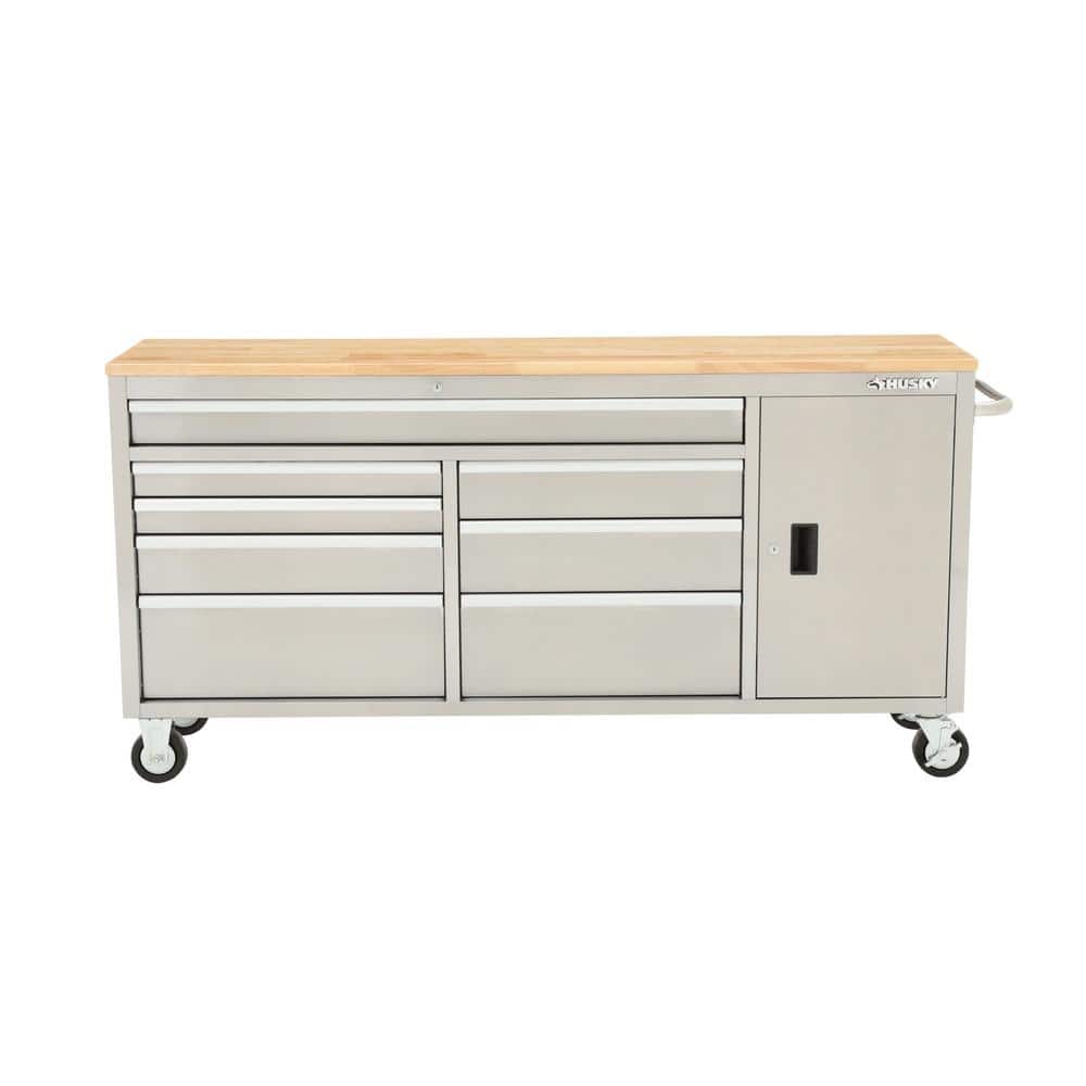 72 in. W x 18 in. D Heavy Duty 8 Drawer 1 Door Mobile Workbench Tool Chest with Solid Wood Top in. Stainless Steel