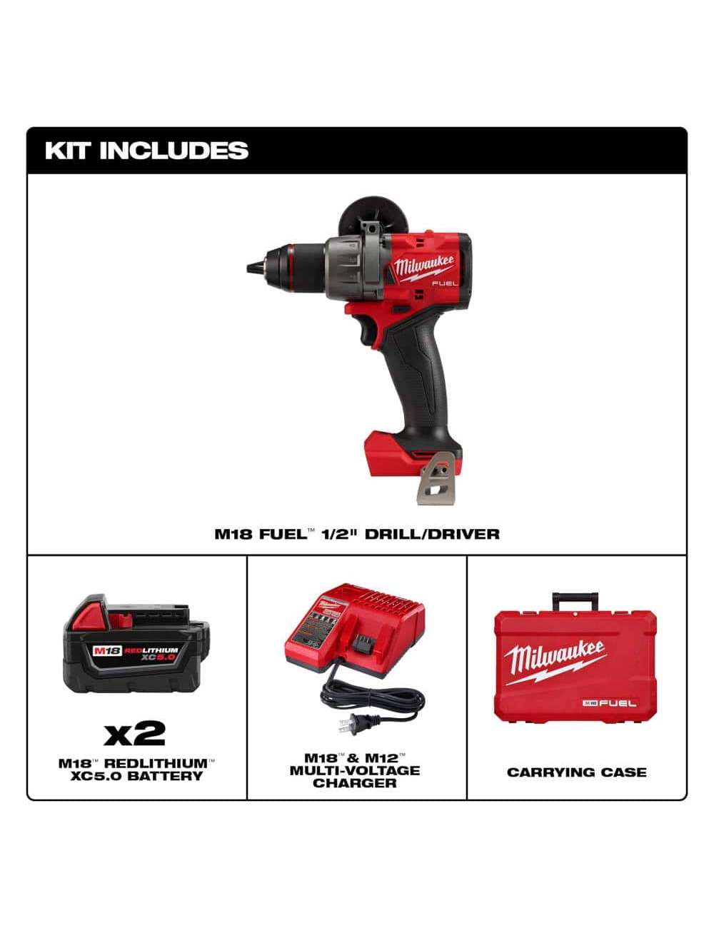 M18 FUEL 18V Lithium-Ion Brushless Cordless 1/2 in. Drill/Driver Kit W/(2) 5.0Ah Batteries, Charger, and Hard Case