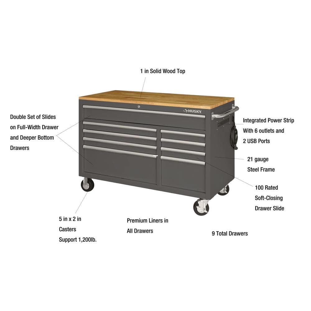 52 in. W x 24 5 in. D 9 Drawer Standard Duty Mobile Workbench Tool Chest with Solid Wood Top and Pegboard in. Gloss Gray