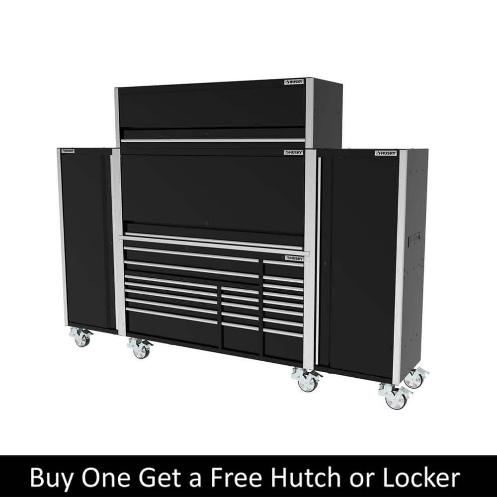 72 in. W x 24 5 in. D Professional Duty 20 Drawer Mobile Workbench Combo w 2 Side Lockers Top Locker and Top Hutch