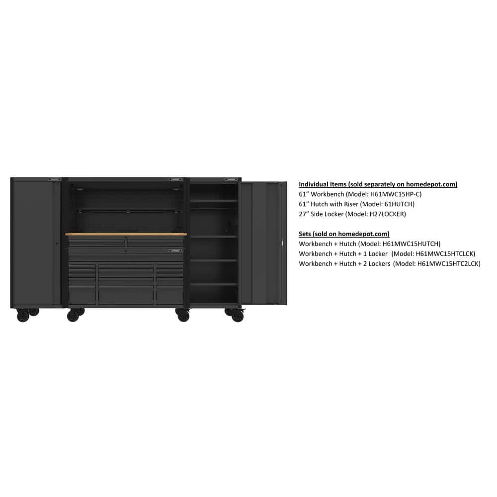 61 in. W x 23 in. D Heavy Duty 15 Drawer Mobile Workbench Tool Chest with Solid Wood Top in. Matte Black