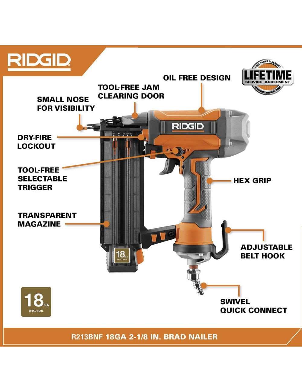 Pneumatic 18-Gauge 2-1/8 in. Brad Nailer with CLEAN DRIVE Technology, Tool Bag, and Sample Nails