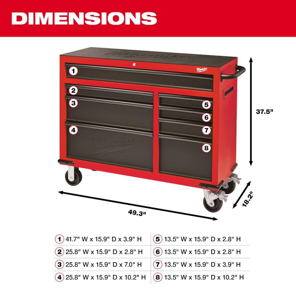 46 in. 8 Drawer Red Black Textured Rolling Tool Chest Cabinet