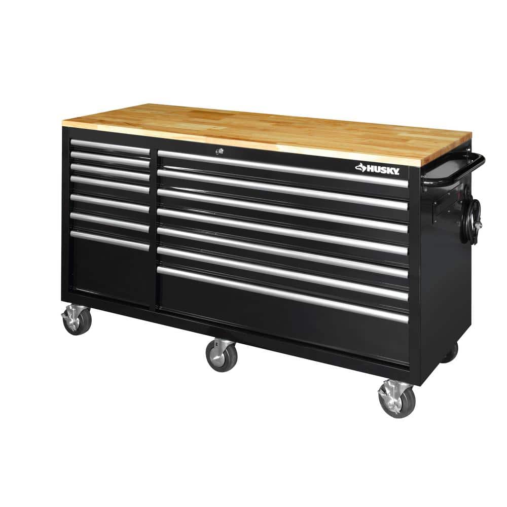 62 in. W x 24 in. D Heavy Duty 14 Drawer Mobile Workbench Cabinet with Adjustable Height Wood Top in. Matte Black