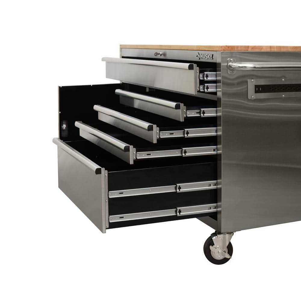 52 in. W x 25 in. D Standard Duty 5 Drawer 1 Door Mobile Workbench Tool Chest with Solid Wood Top in. Stainless Steel