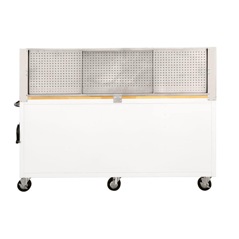 72 in. W x 24 in. D 18 Drawer Standard Duty Mobile Workbench Tool Chest with Solid Wood Top and Pegboard in. Gloss White