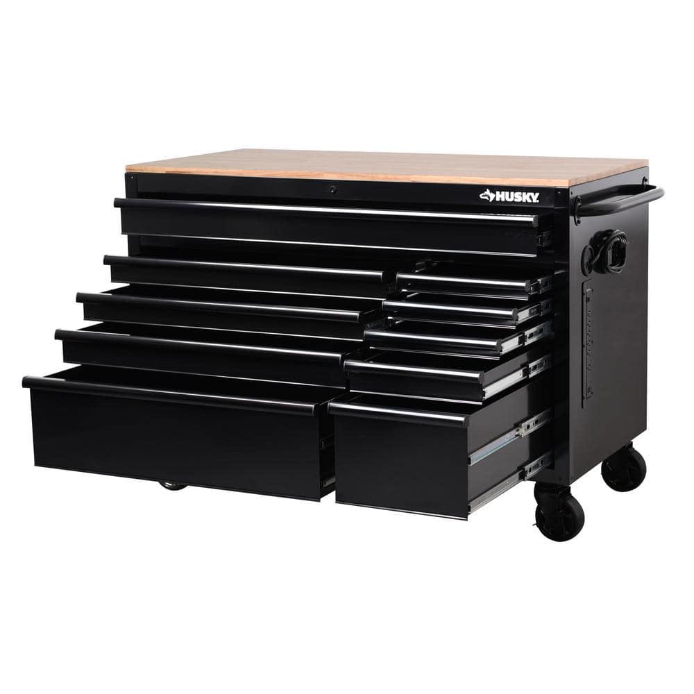 52 in. W x 24 5 in. D Standard 10 Drawer Mobile Workbench Tool Chest with Solid Wood Top in. Gloss Black
