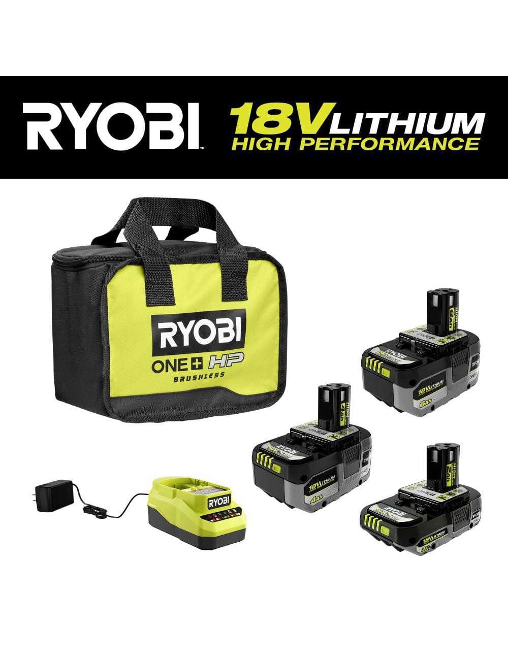 ONE+ 18V Lithium-Ion HIGH PERFORMANCE Starter Kit with 2.0 Ah Battery, 4.0 Ah Battery, 6.0 Ah Battery, Charger, and Bag