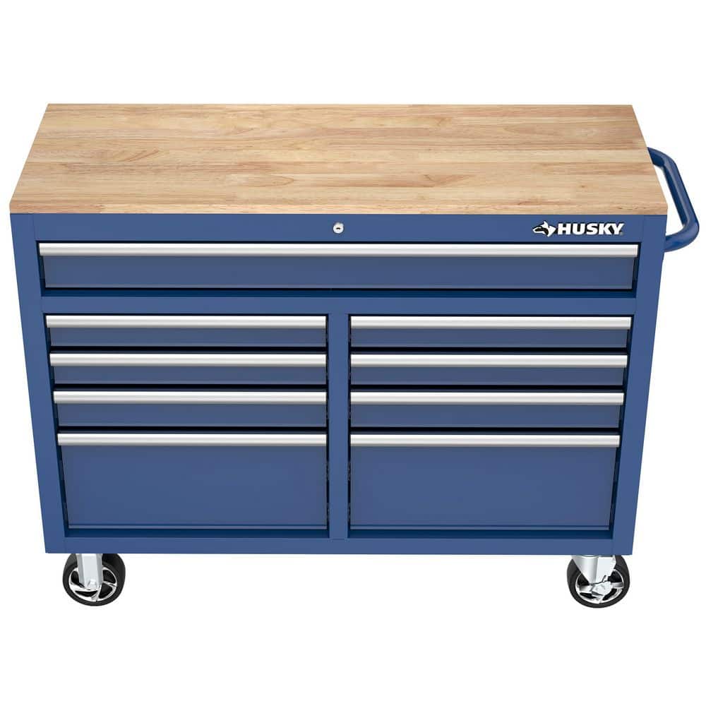 46 in. W x 18 in. D 9 Drawer Gloss Blue Mobile Workbench Cabinet with Solid Wood Top